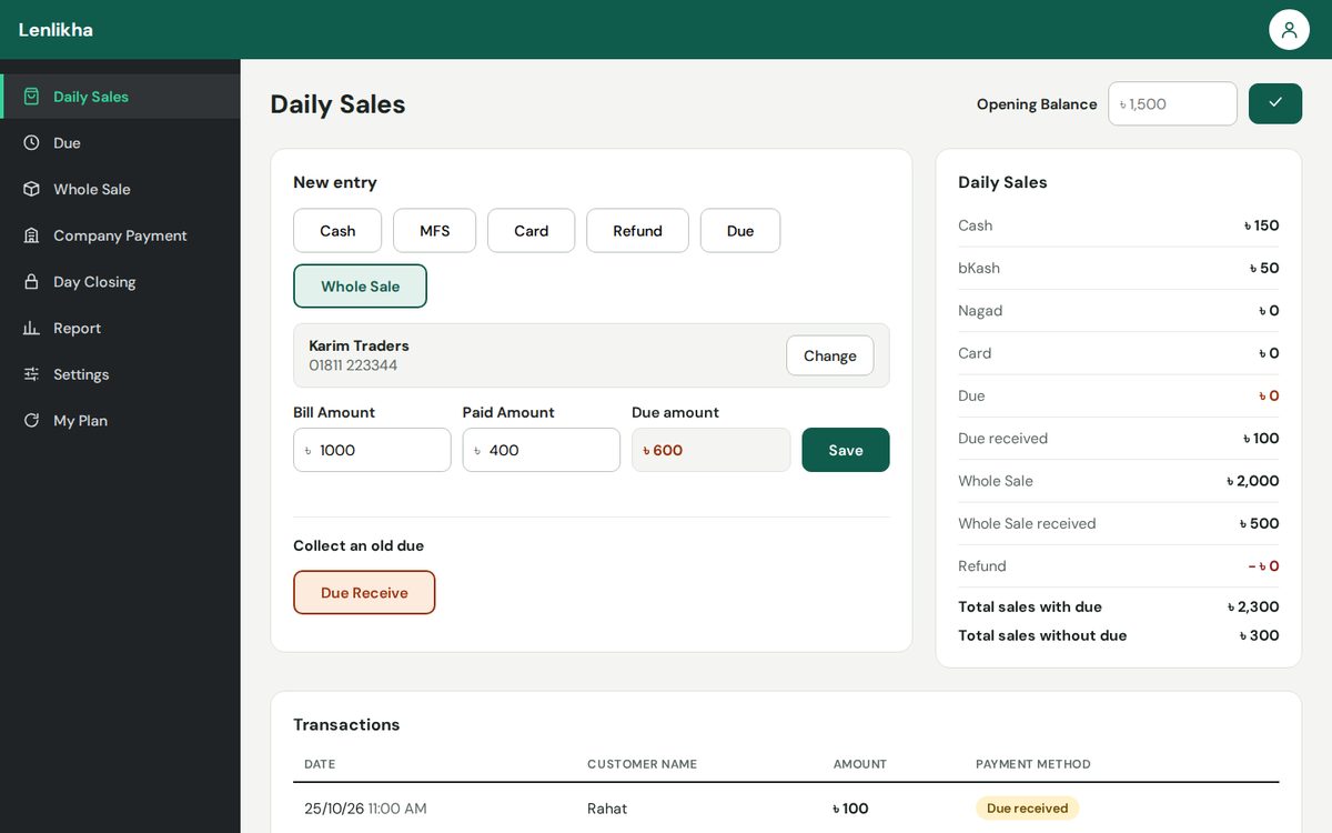 Daily sales screen with a whole sale entry and the day's summary